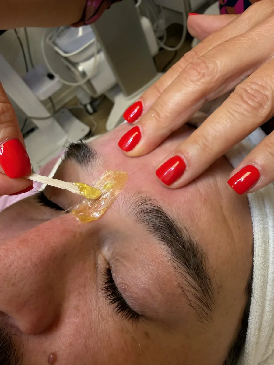 Wax szőrtelenítés kezelés közben az arcon, gyantázás a szemöldök környékén